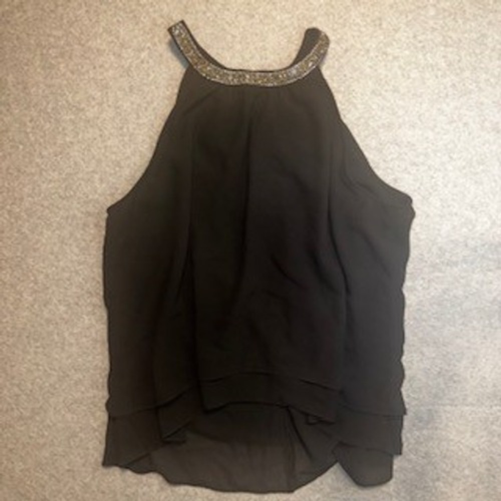 A'GACI Womens Black Rhinestone Halter Neck Layered High Low Blouse Top Size L